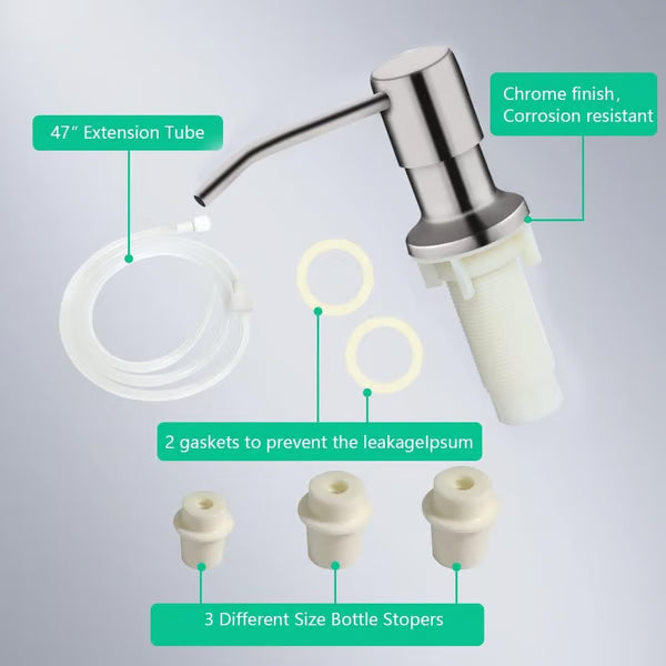 Dish Soap Dispenser for Kitchen Sink (Brushed Nickel), Countertop Sink Soap Dispenser Water Pump with 47” No-Spill Extension Tube Kit Design for Kitchen Bathroom, No More Refills