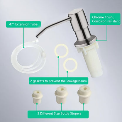 Dish Soap Dispenser for Kitchen Sink (Brushed Nickel), Countertop Sink Soap Dispenser Water Pump with 47” No-Spill Extension Tube Kit Design for Kitchen Bathroom, No More Refills