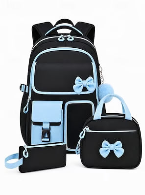 Girls Backpack Set 3PCS School Backpack with Lunch Bag & Pencil Case, Large Capacity Multi-Pocket Water Resistant Polyester Bookbag, Travel Friendly Luggage Strap, Anti-Theft Pocket, Pink Purple Blue