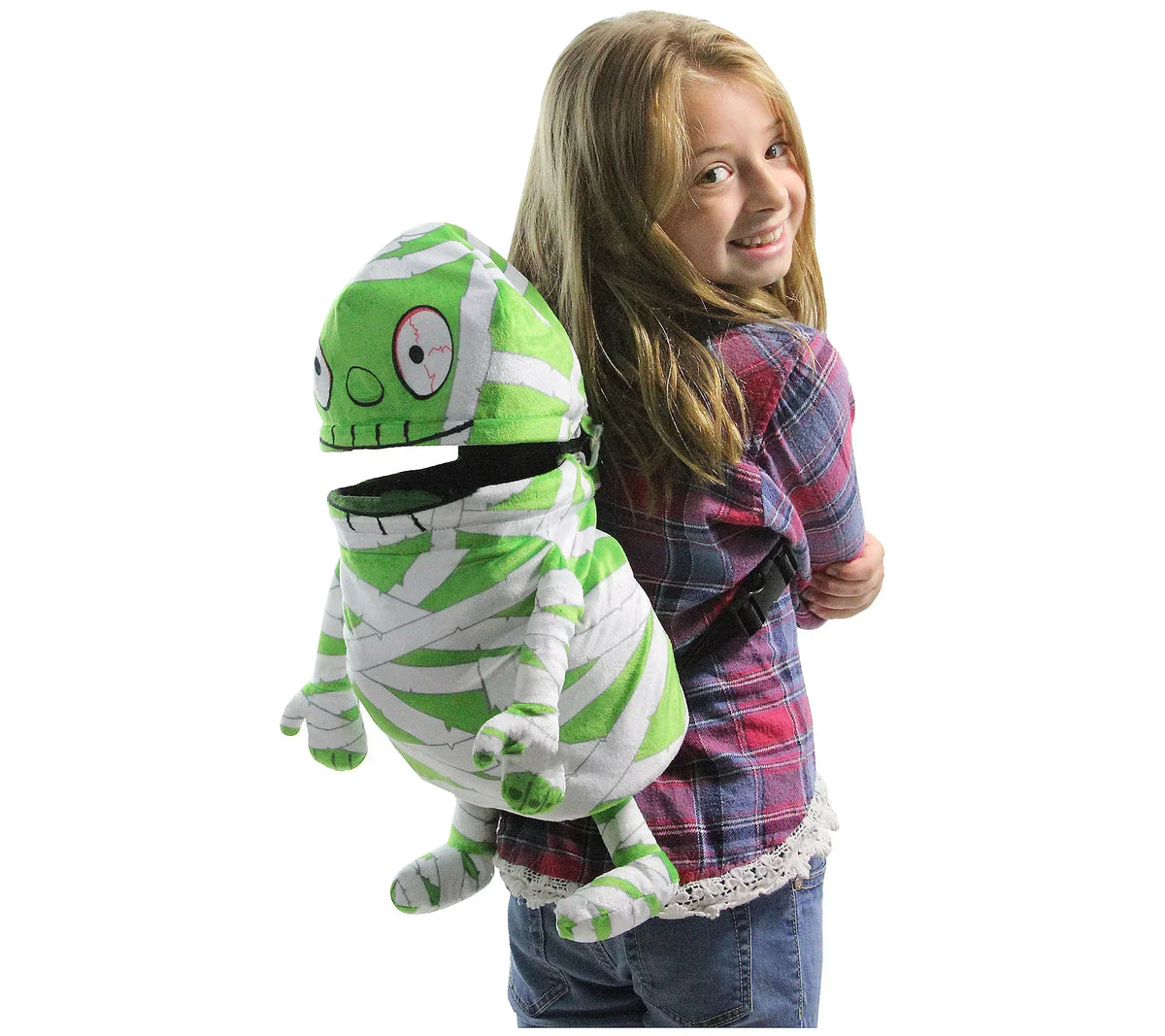 Child wearing green mummy Halloween backpack with adjustable straps