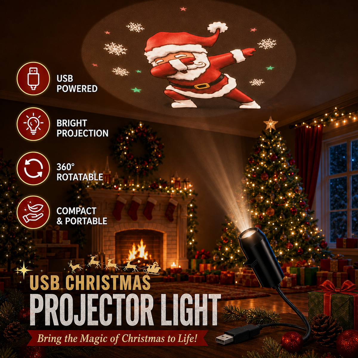USB Christmas projector displaying Santa on ceiling with adjustable rotating head
