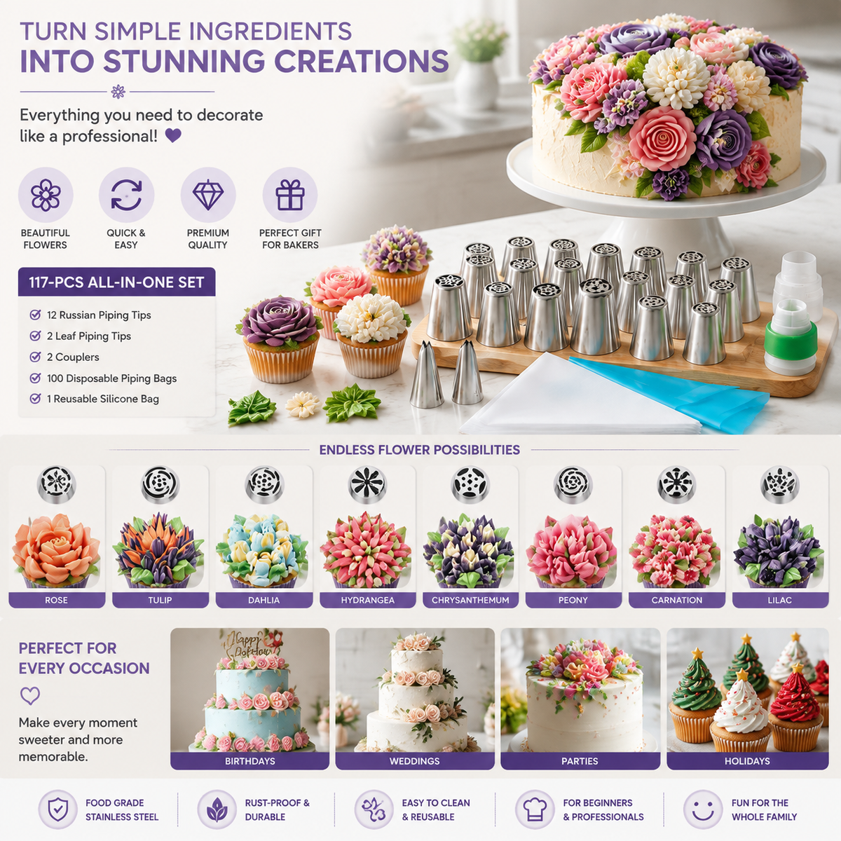 117 Pcs Russian Piping Tips Set, 12 Flower Frosting Nozzles Icing Tips for Cake Decorating Tips Kit, Baking Supplies for Cookie Cupcake, 2 Leaf Piping Tips 2 Couplers 100 Pastry Baking Bags and 1 reusable silicone bag