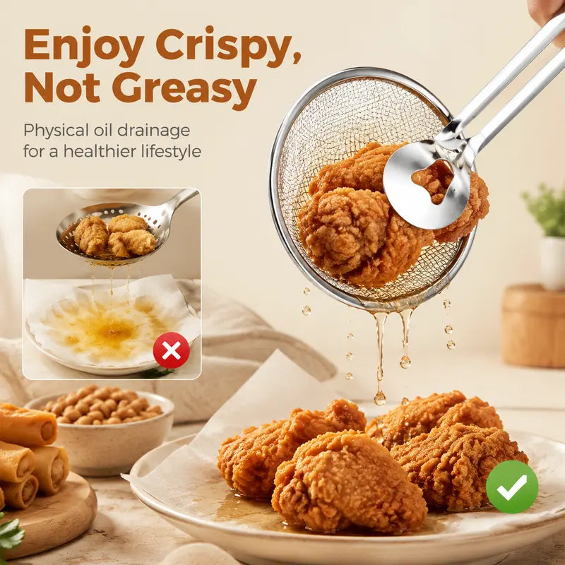 2-in-1 Oil-Frying Filter Clip, Kitchen Food Strainer Tongs for Fried Food, Stainless Steel Stainless Steel Drain Oil Fried Food Strainer with Clip Fry Tool Oil Skimmer Food Clip Tong Filter Strainer Mesh