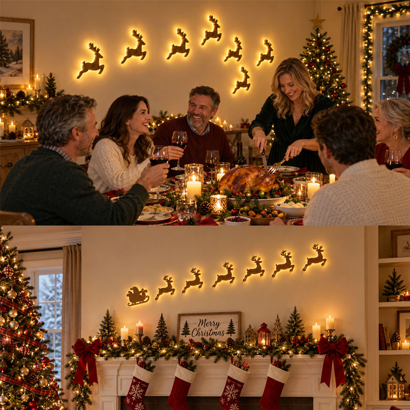Reindeer and Santa sleigh light up Christmas wall decorations arranged above festive rooms