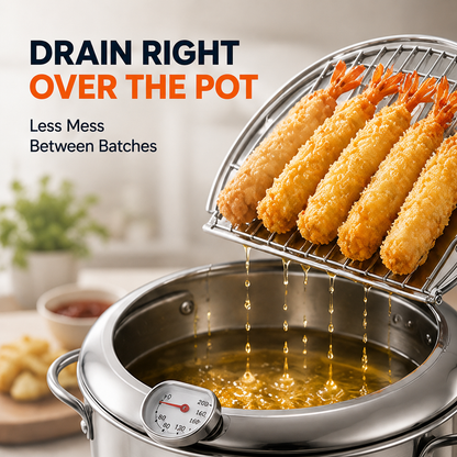 🍗 304 Stainless Steel Deep Fryer Pot | Thermometer + Drip Rack for Perfect Frying