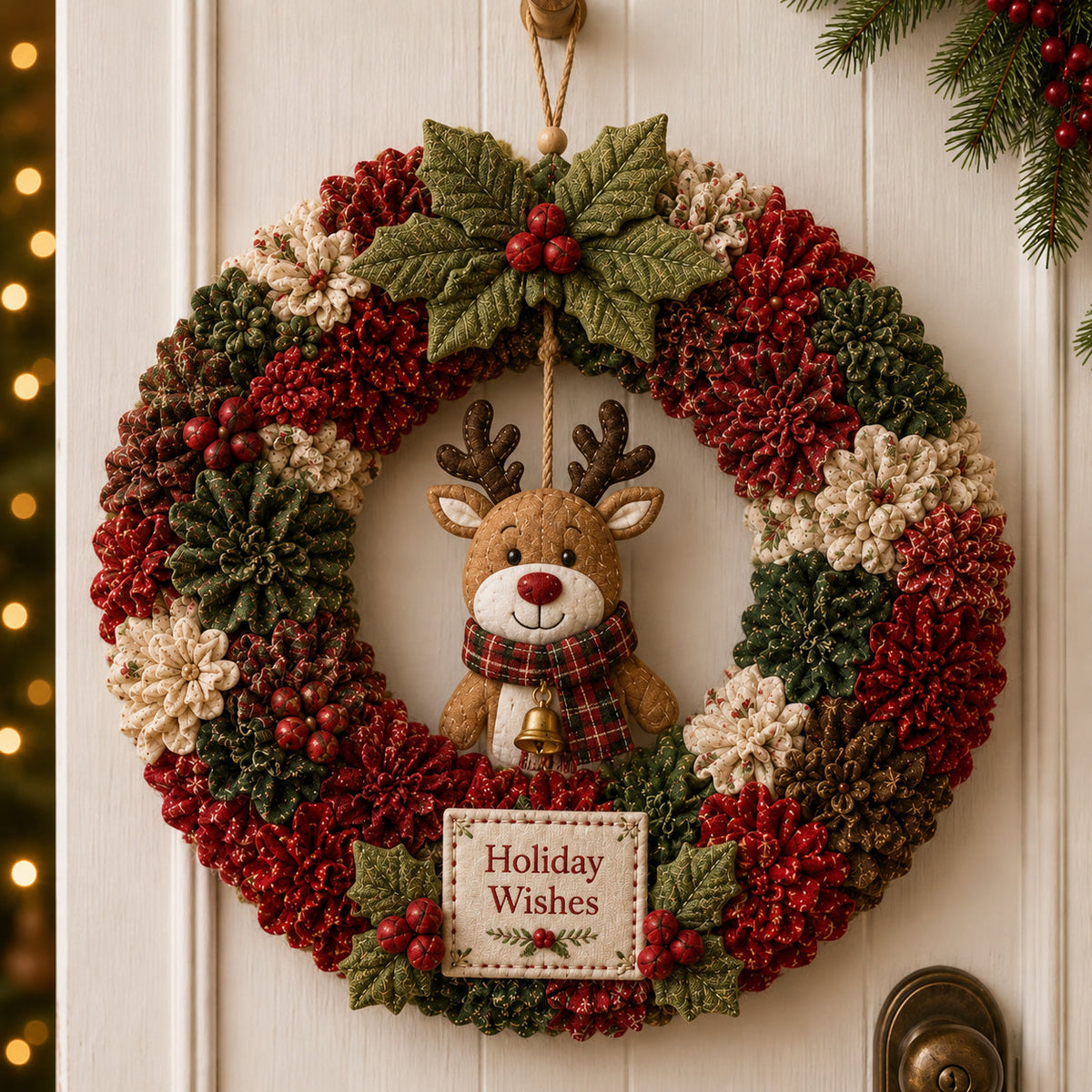Holiday Wishes reindeer handmade style Christmas fabric wreath hanging on door