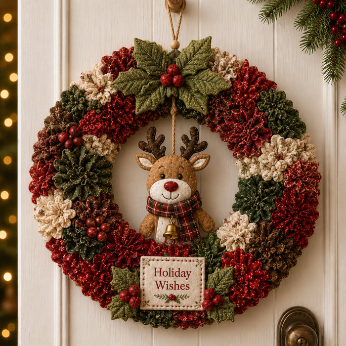 Holiday Wishes Reindeer 3D fabric poke wreath design