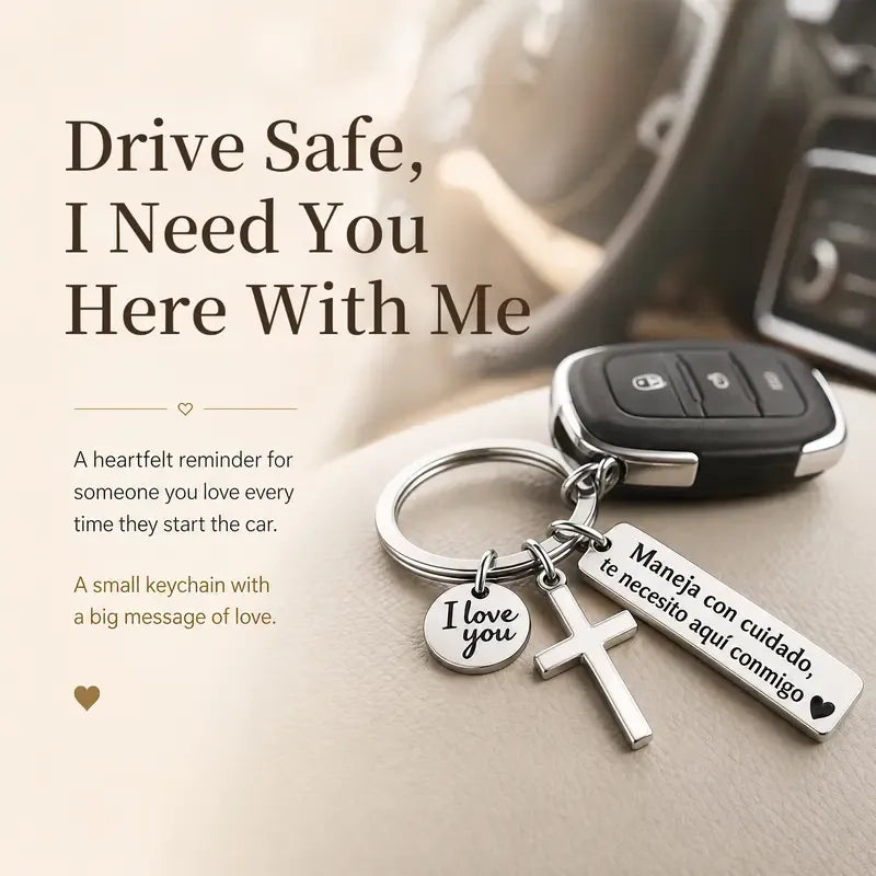 Drive safely love reminder keychain attached to car keys