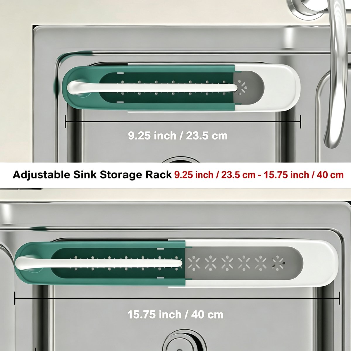 Adjustable telescopic sink rack extending from 9.25 inches to 15.75 inches