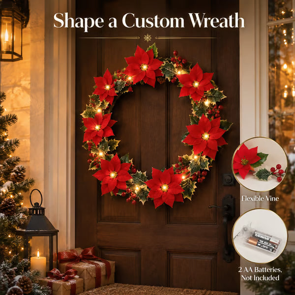 32.8 FT Lighted Christmas Poinsettia Garland with Red Flowers & Berries, Battery-Operated Holiday String Lights for Xmas & New Year Home Decor