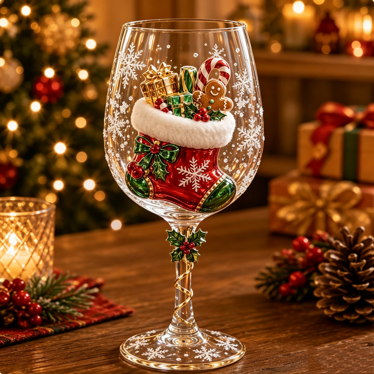 Christmas stocking 3D stemmed glass filled with festive gifts and gingerbread decoration