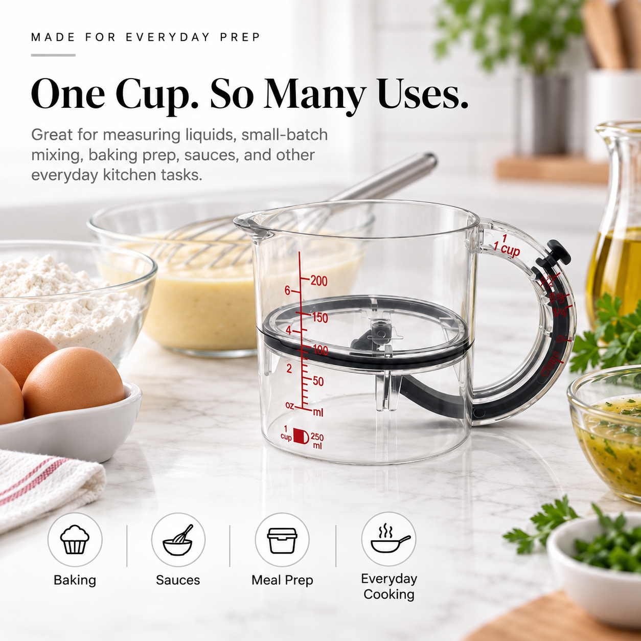 Measuring cup used for baking sauces and meal prep