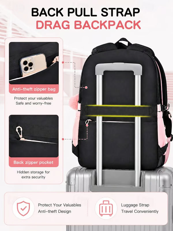 Girls Backpack Set 3PCS School Backpack with Lunch Bag & Pencil Case, Large Capacity Multi-Pocket Water Resistant Polyester Bookbag, Travel Friendly Luggage Strap, Anti-Theft Pocket, Pink Purple Blue