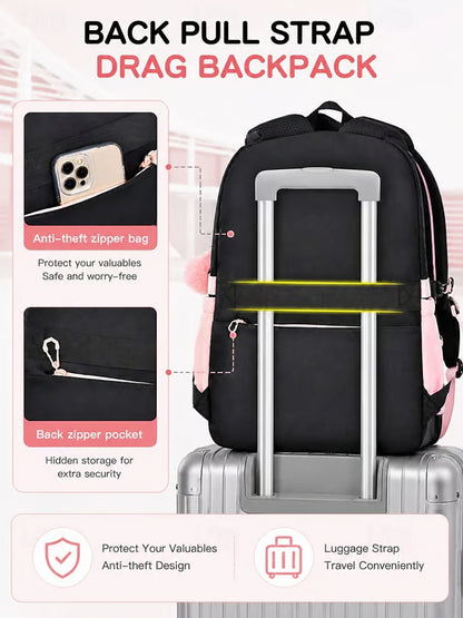 Girls Backpack Set 3PCS School Backpack with Lunch Bag & Pencil Case, Large Capacity Multi-Pocket Water Resistant Polyester Bookbag, Travel Friendly Luggage Strap, Anti-Theft Pocket, Pink Purple Blue