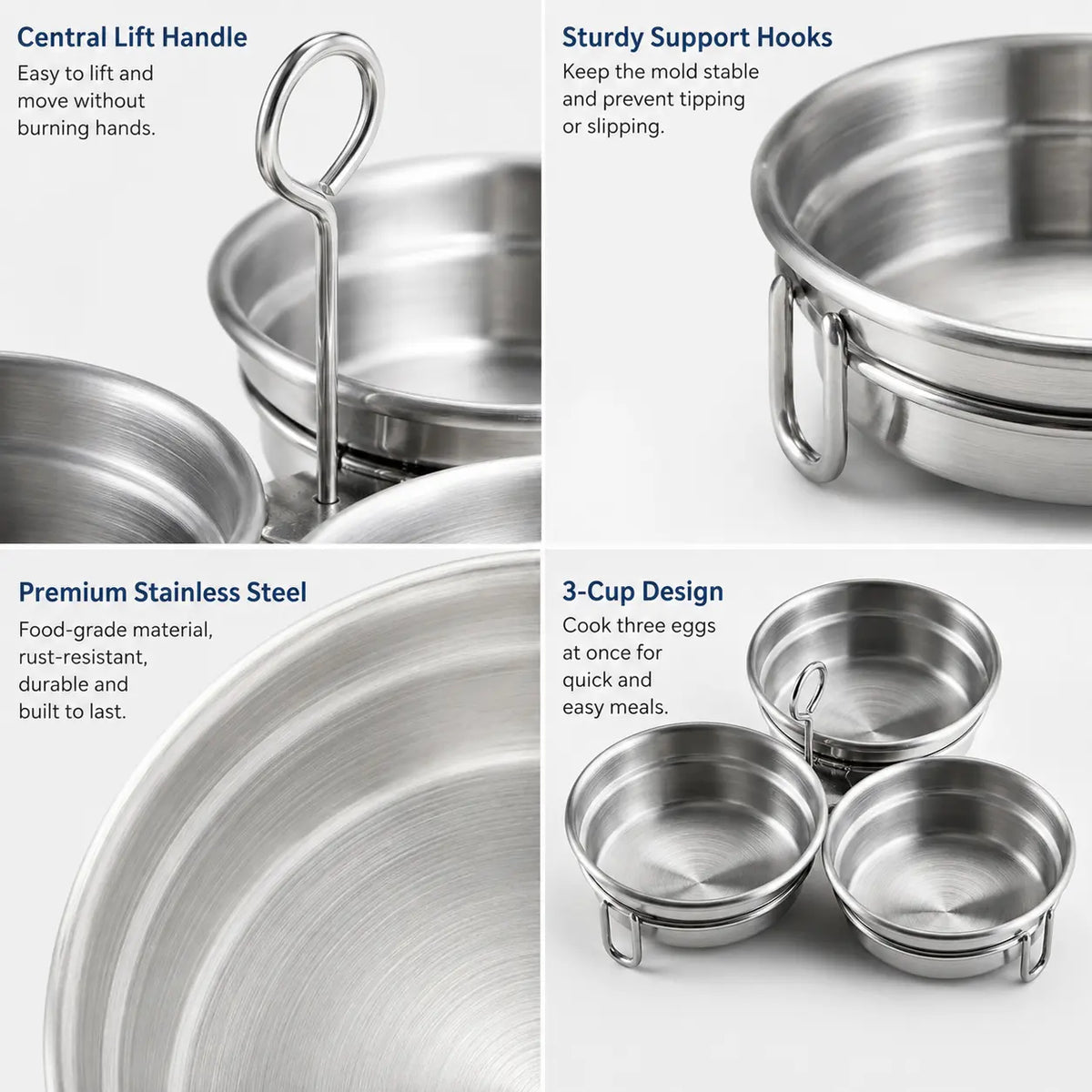 3-Cup Stainless Steel Egg Poacher, 3 Cavity Egg Steamer Mold with Handle, Reusable Egg Poaching Cups for Poached Eggs, Steamed Eggs, Breakfast & Dessert Making