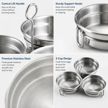 3-Cup Stainless Steel Egg Poacher, 3 Cavity Egg Steamer Mold with Handle, Reusable Egg Poaching Cups for Poached Eggs, Steamed Eggs, Breakfast & Dessert Making