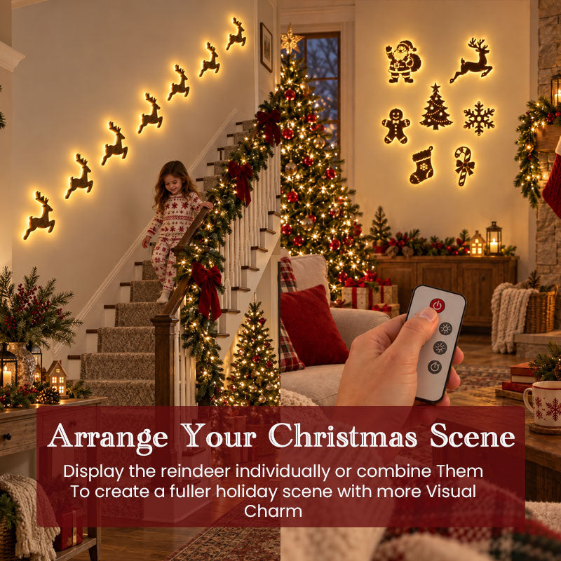 Different illuminated Christmas wall decoration styles including reindeer Santa tree snowflake gingerbread and candy cane