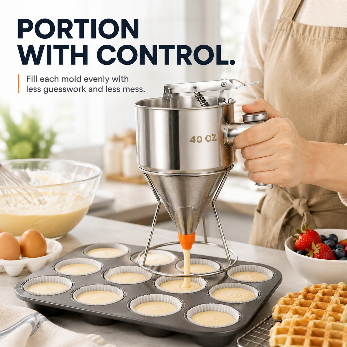 20OZ/40OZ Stainless Steel Pancake Batter Dispenser - Kitchen Metal Utensils with Silicone Leak-Proof Nozzle, Squeeze Handle, Stand & Precise Control for Pancakes, Waffles, Cupcakes