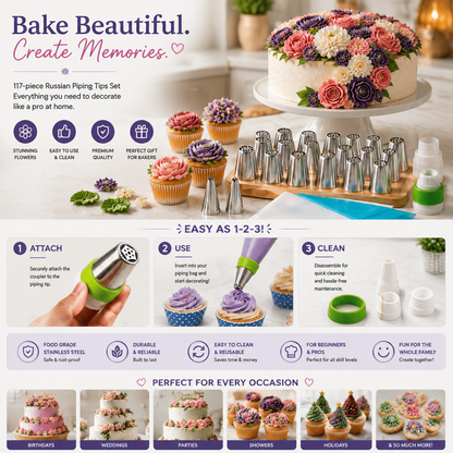 117 Pcs Russian Piping Tips Set, 12 Flower Frosting Nozzles Icing Tips for Cake Decorating Tips Kit, Baking Supplies for Cookie Cupcake, 2 Leaf Piping Tips 2 Couplers 100 Pastry Baking Bags and 1 reusable silicone bag