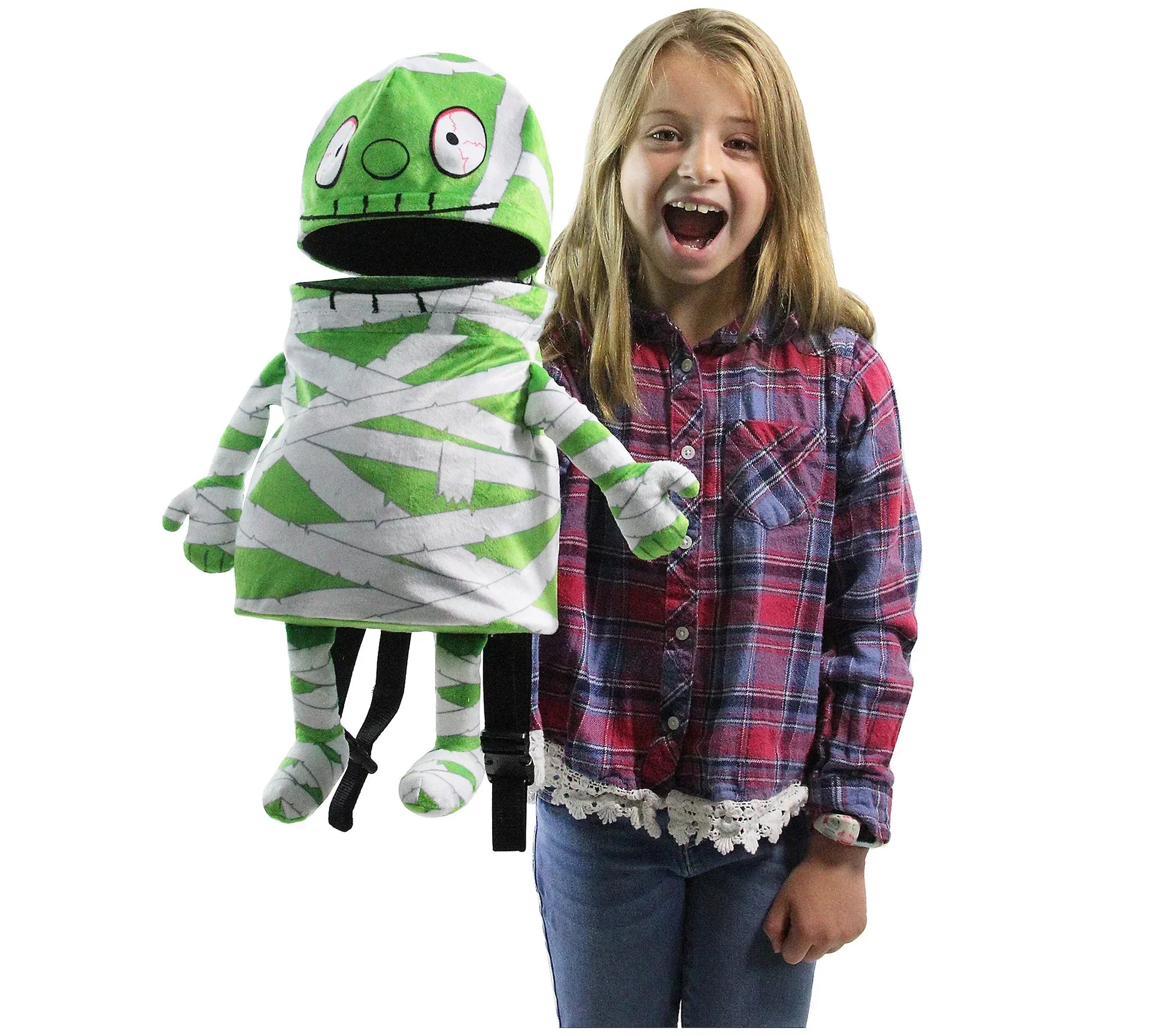 Large 20 inch animated mummy Halloween backpack shown beside child