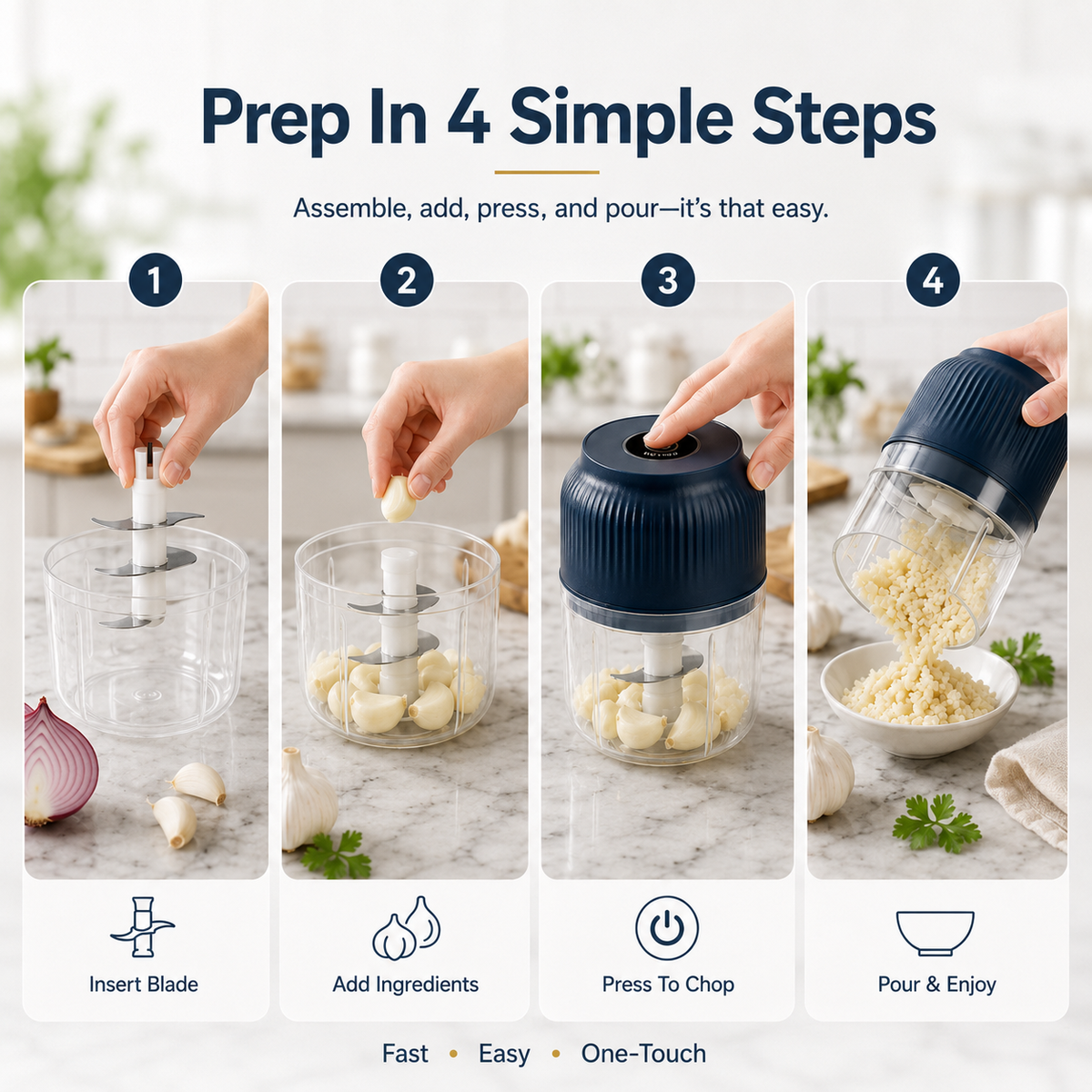 Electric Garlic Chopper, 300ML Cordless Mini Food Processor & Portable Veggie Chopper with 4 Sharp Stainless Steel Blades, One-Touch Garlic Grinder Masher for Ginger, Chili, Onion, Meat, Baby Food & Spices