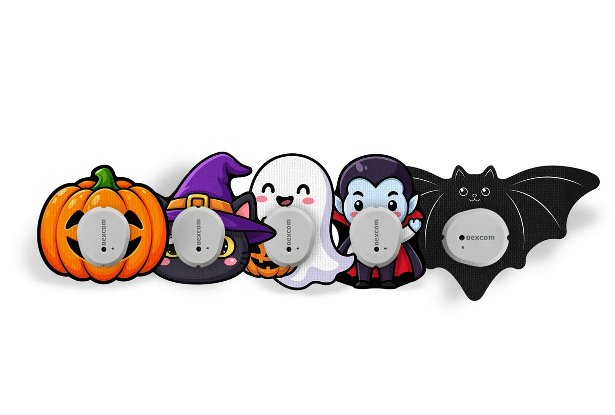 Halloween themed adhesive overpatches shown around compatible Dexcom style CGM sensors