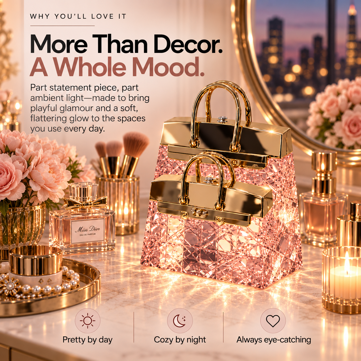 Pink crystal-look handbag lamp with gold-tone handles glowing on vanity
