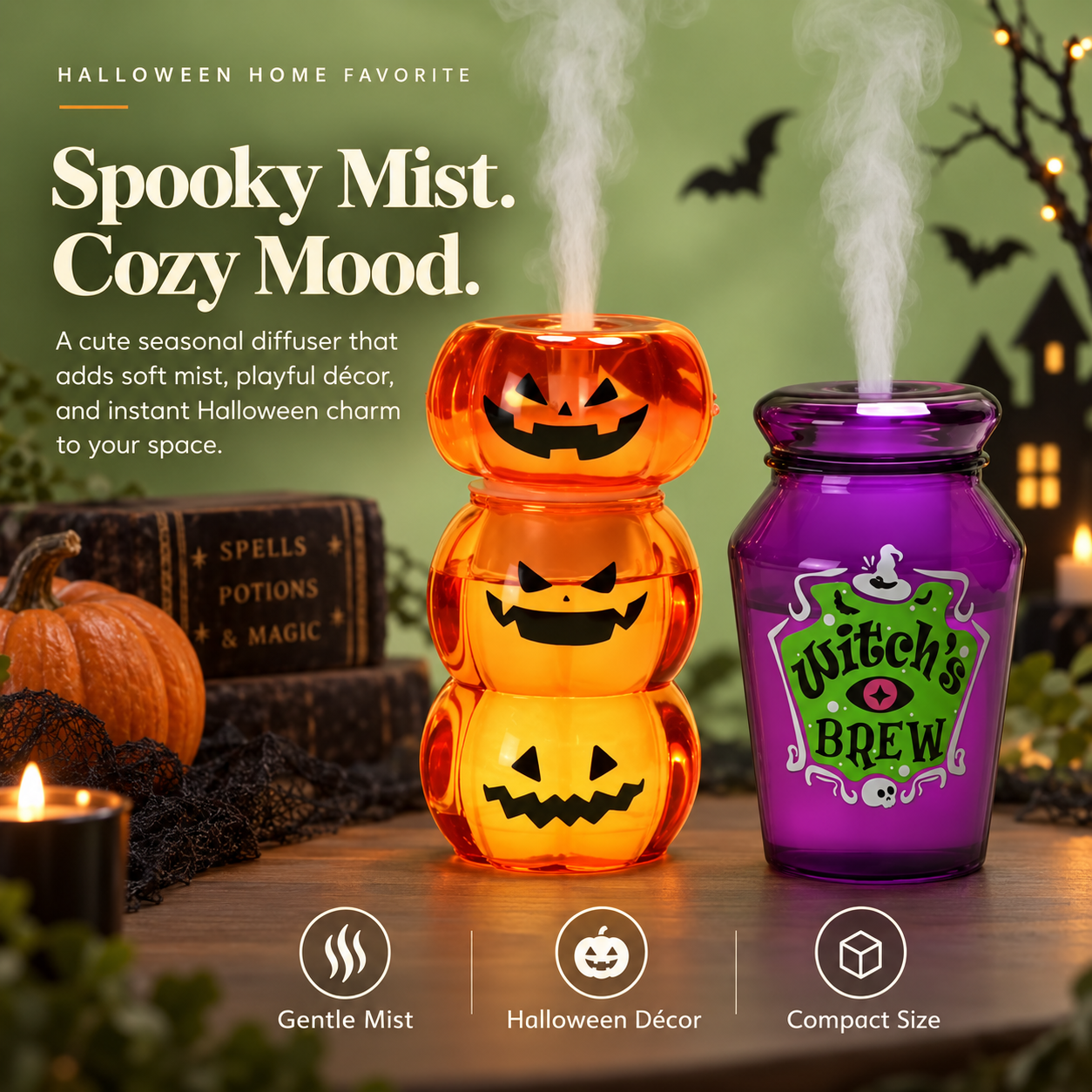Halloween pumpkin and witch brew decorative water mist displays