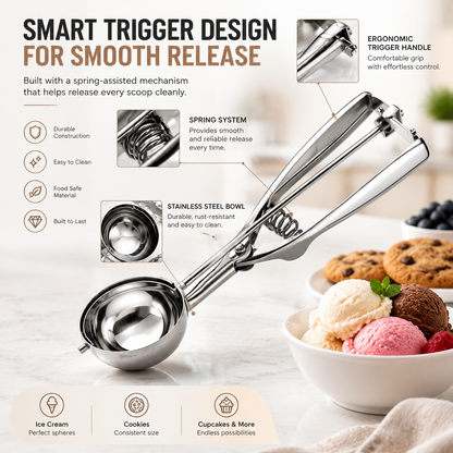 Stainless Steel Ice Cream Scoop Set of 3 - 3 Sizes Cookie Scoop with Trigger Release System for Baking & Desserts - Versatile Kitchen Tools