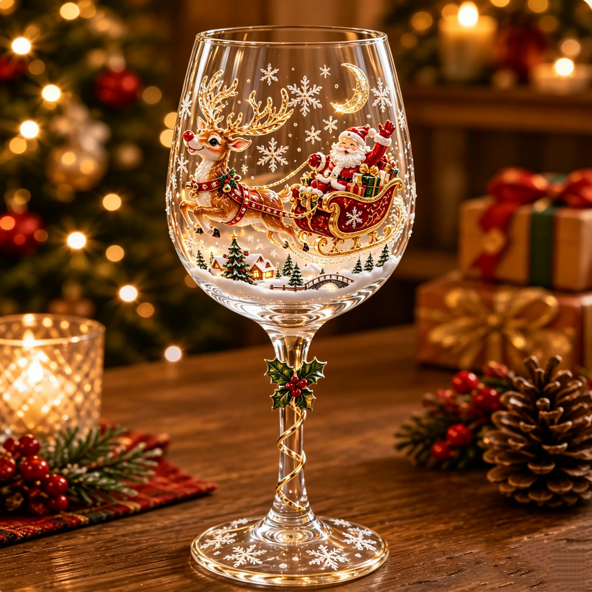 Reindeer sleigh Christmas 3D stemmed glass with Santa raised decoration