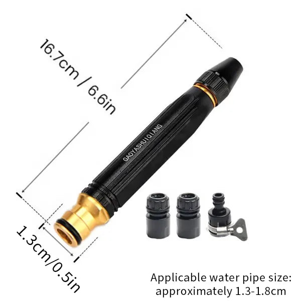 Heavy duty adjustable twist garden hose jet nozzle with connectors and dimensions