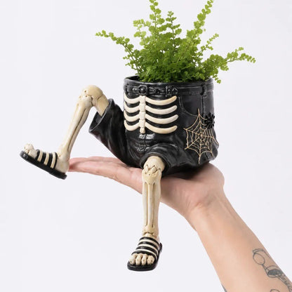 Halloween whimsical hanging leg planter skeleton fall decoration