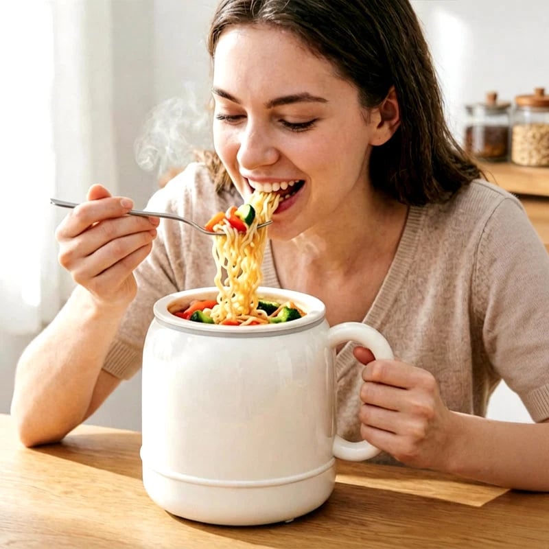 Portable electric cooking cup with warm noodles