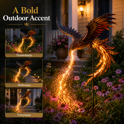 Solar-powered Phoenix Fire Garden Light placed in an outdoor flower bed