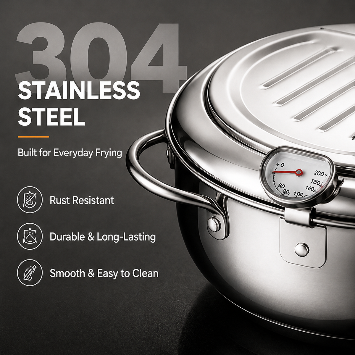 🍗 304 Stainless Steel Deep Fryer Pot | Thermometer + Drip Rack for Perfect Frying