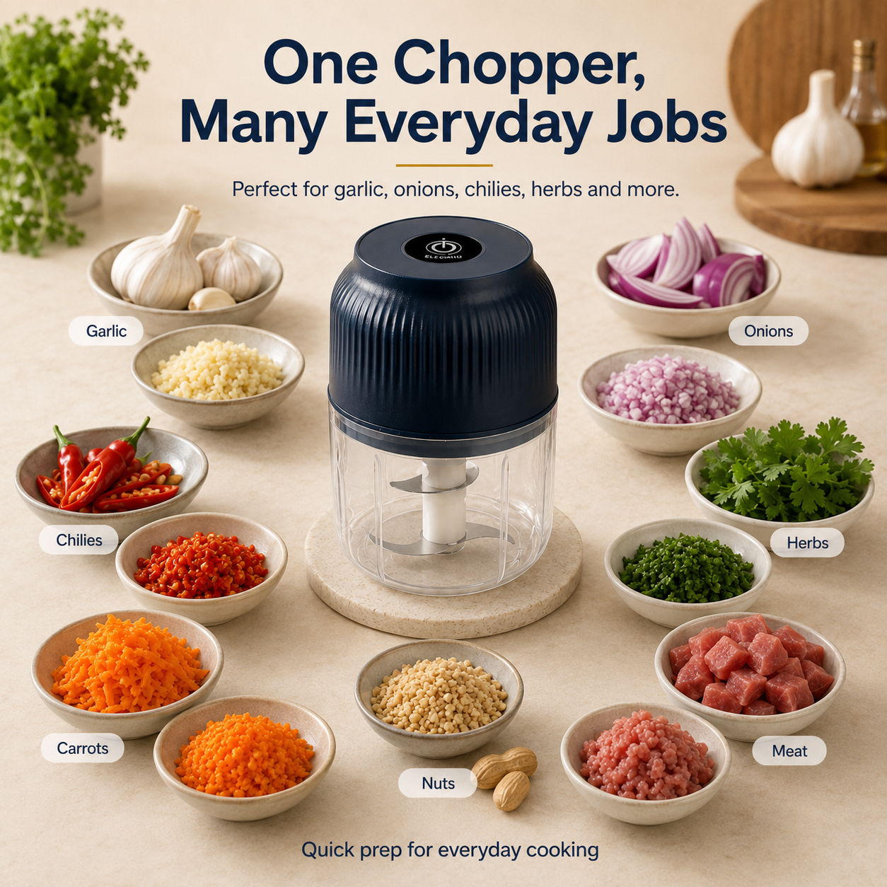 Electric Garlic Chopper, 300ML Cordless Mini Food Processor & Portable Veggie Chopper with 4 Sharp Stainless Steel Blades, One-Touch Garlic Grinder Masher for Ginger, Chili, Onion, Meat, Baby Food & Spices