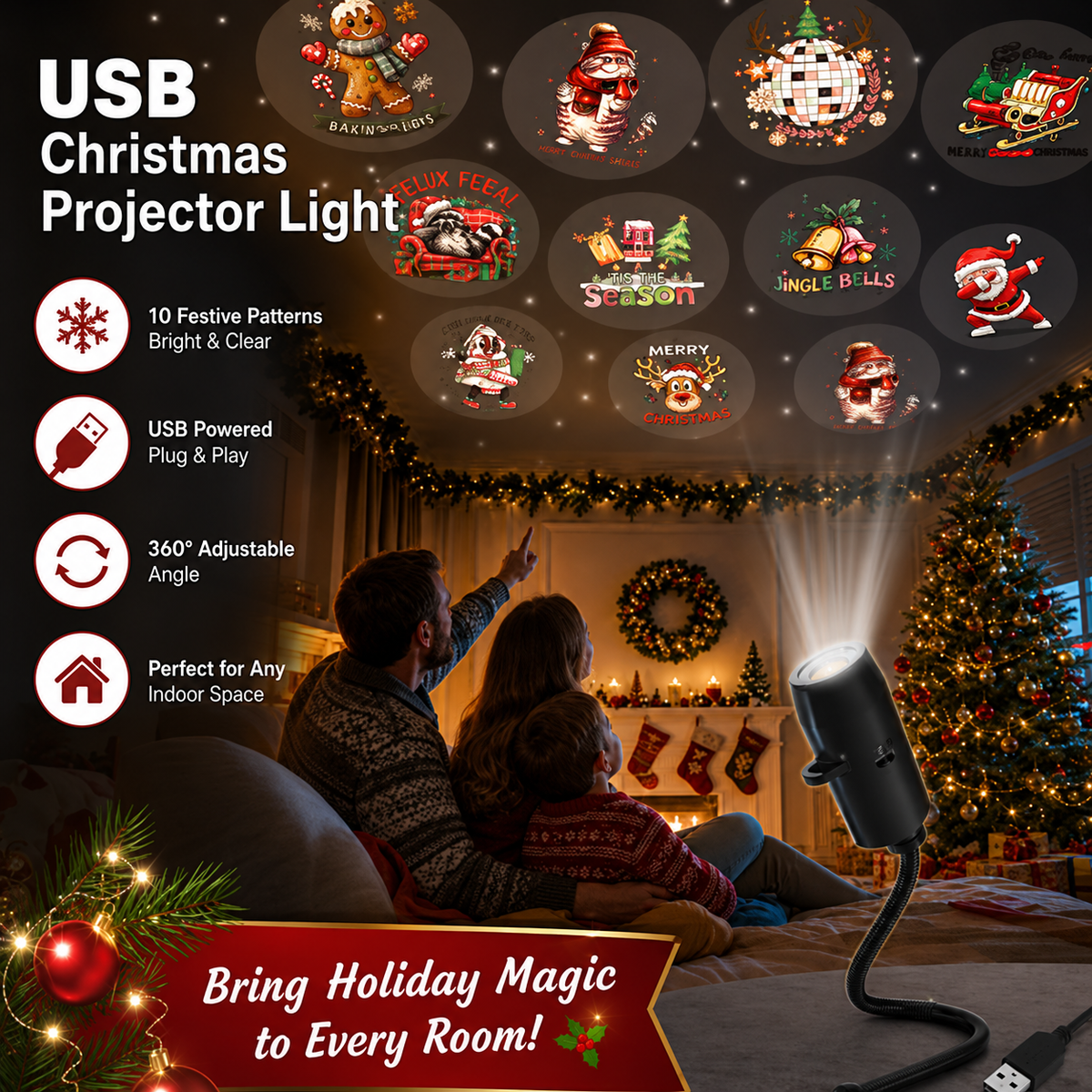 Christmas projector showing ten interchangeable festive projection patterns