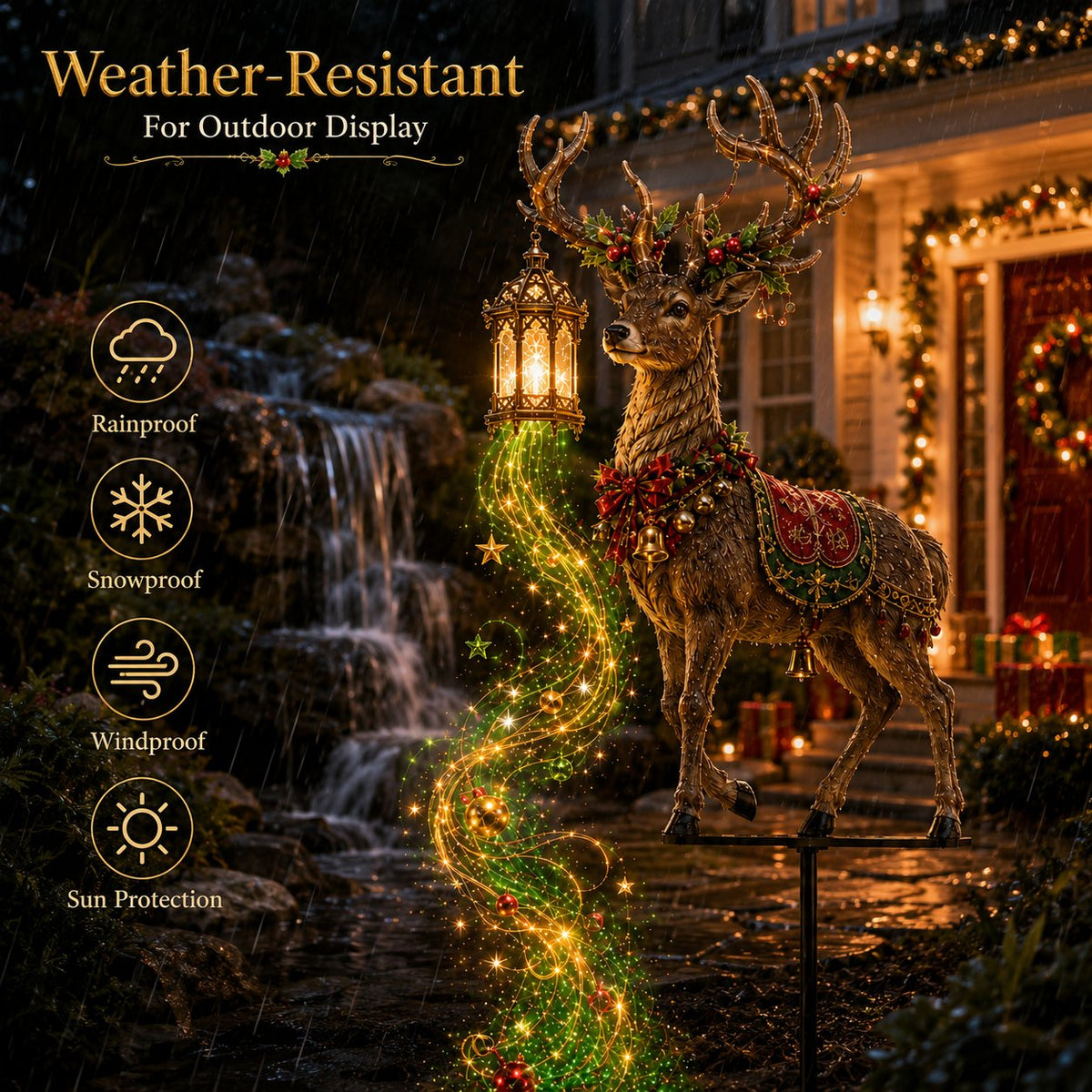 Christmas reindeer yard stake shown outdoors in winter weather