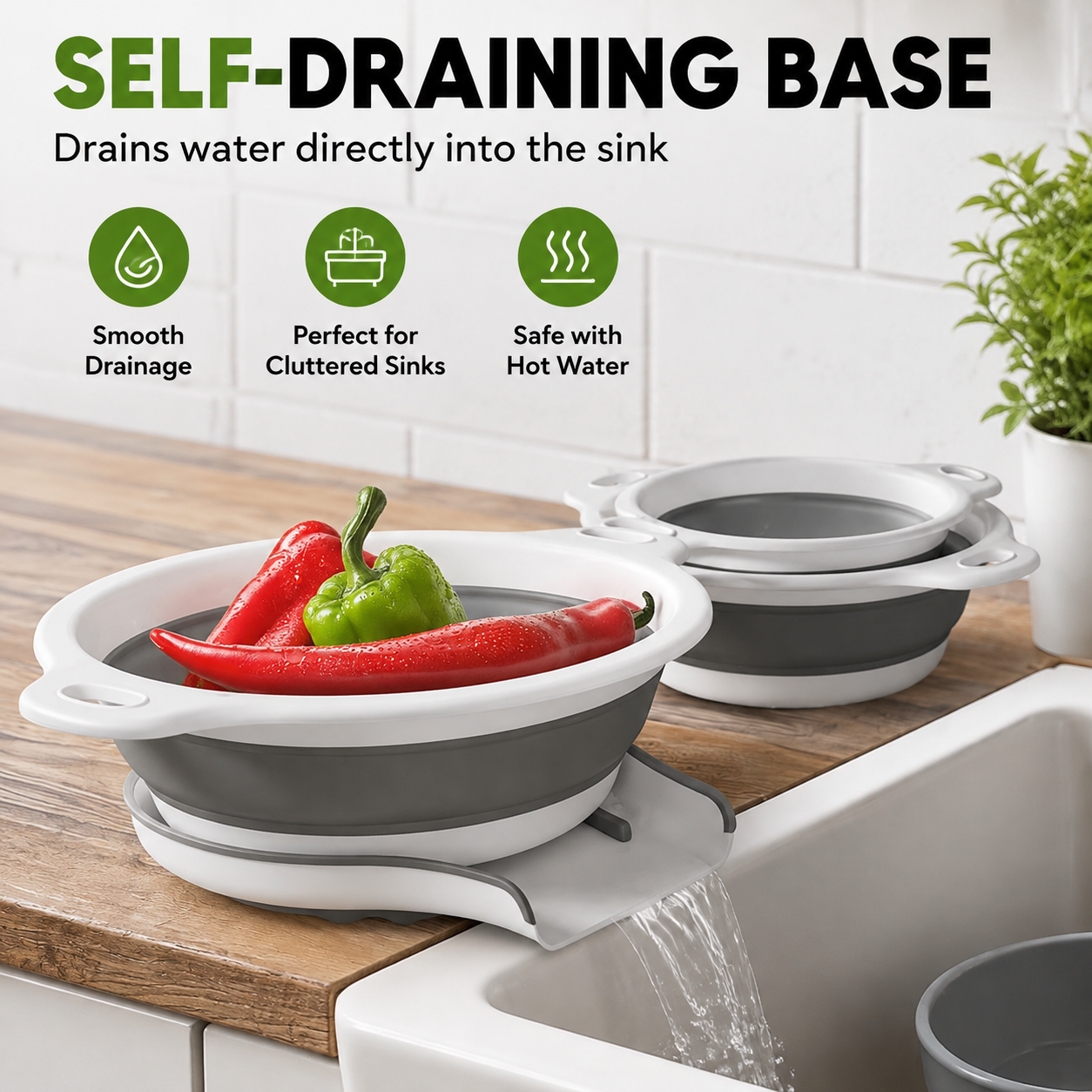 Self-draining colander base directing water toward a kitchen sink