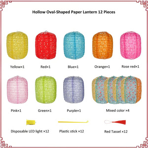 12 Pack Paper Lanterns with LED Lights 6.3 Inch Oval Chinese Decor | Warm lighting effect; Decorative hanging style; Festive party atmosphere; Easy display setup; Creative event accent