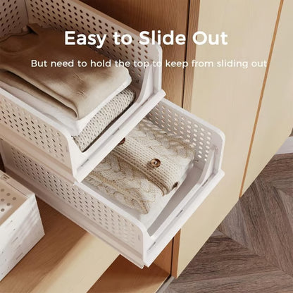 Pinkpum 4 Pack Stackable Plastic Storage Closet Organizers and Storage Bins Drawer Shelf Storage Container for Wardrobe Cupboard Kitchen Bathroom Office White