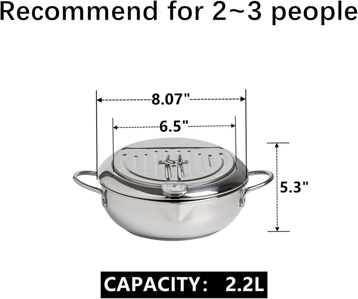 304 Stainless Steel Deep Fryer Pot, Frying Chicken Pot, Tempura deep Fryer with a Thermometer and a lid, Japanese Style Tempura Fryer Pan,2.2L