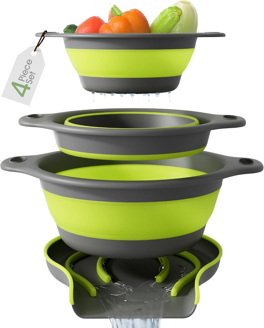 Green collapsible colander set with self-draining base