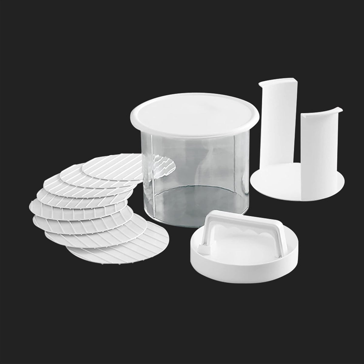 Hamburger Press Patty Maker - Non-Stick Burger Mold Shaper with Freezer Storage Container - 12-Piece Set with 8-Layer Plastic Discs for BBQ Grill.