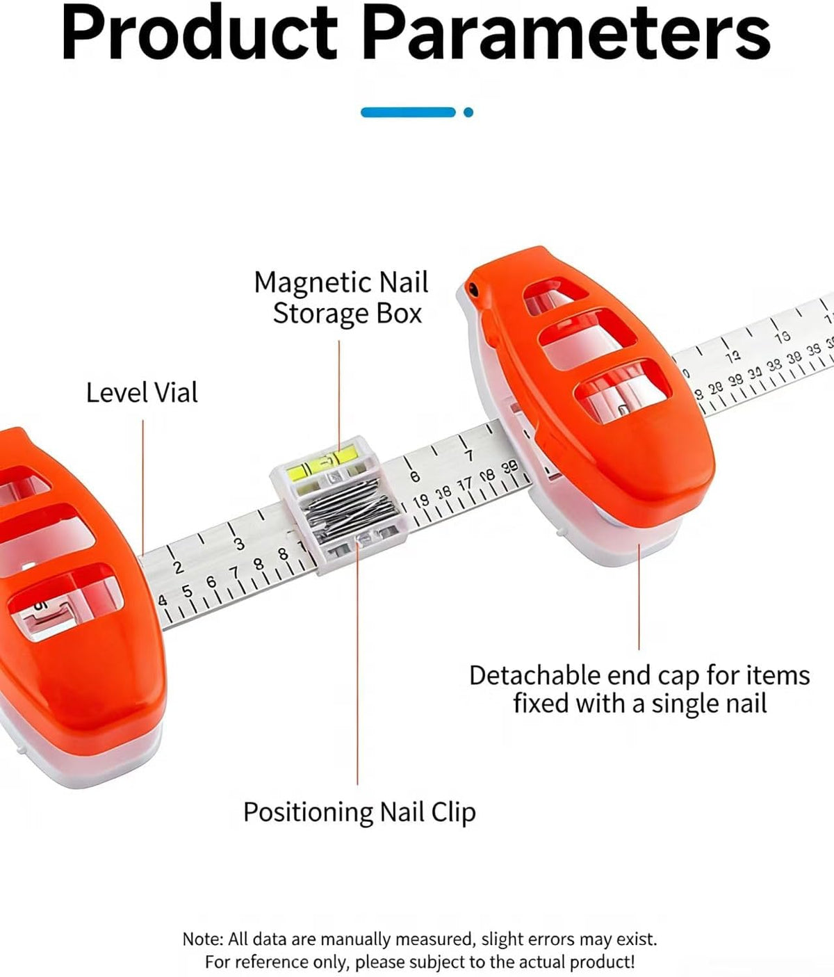 3-in-1 Picture Hanging Tool, Magnetic Nail Hanger with Level Ruler, Hammer-Free Wall Mounting Tool for Frames, Mirrors, and Gallery Decor, Includes 14 Brad Nails