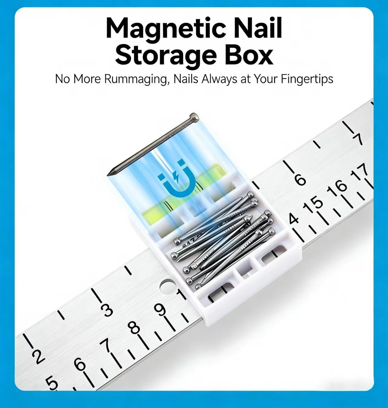 3-in-1 Picture Hanging Tool, Magnetic Nail Hanger with Level Ruler, Hammer-Free Wall Mounting Tool for Frames, Mirrors, and Gallery Decor, Includes 14 Brad Nails