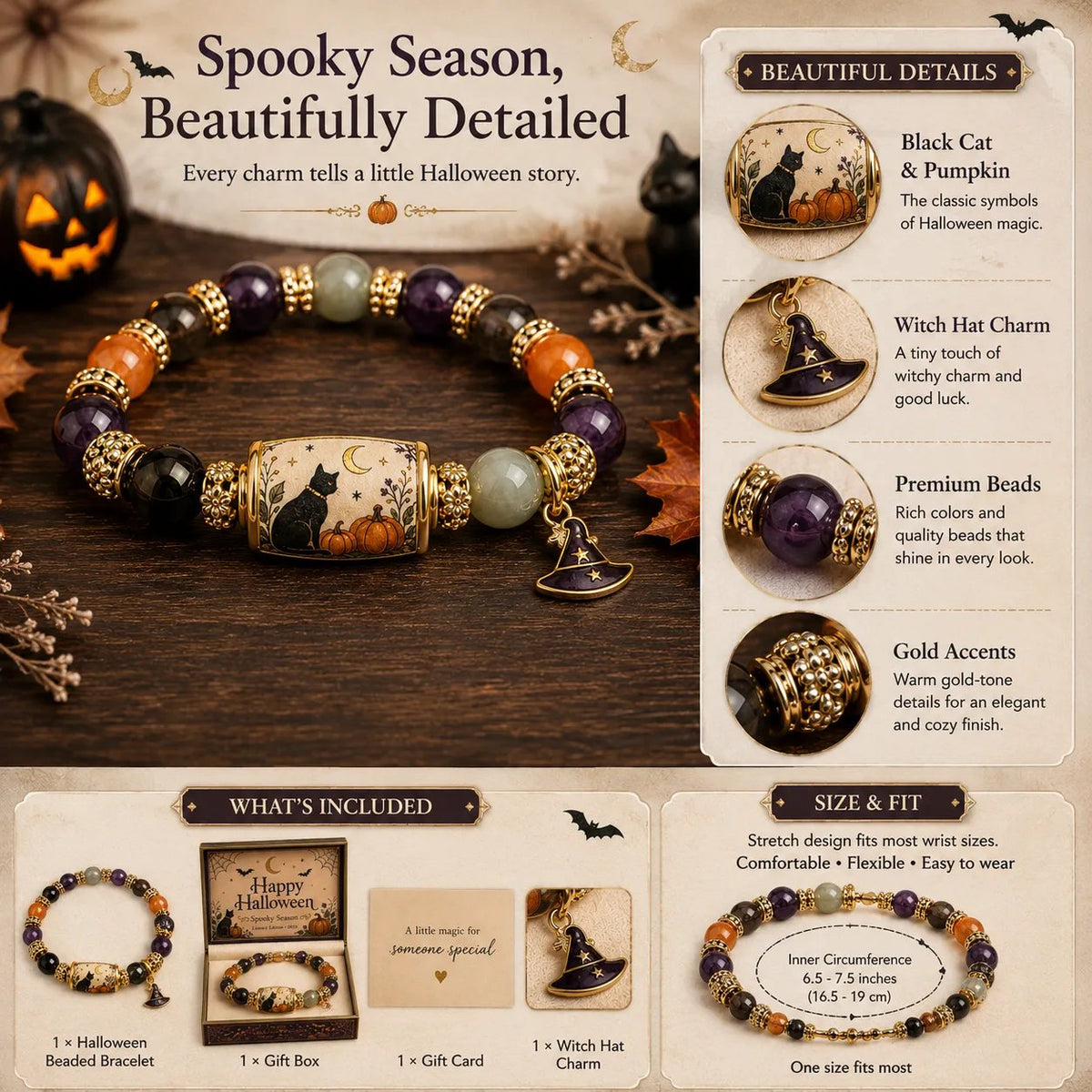 2026 Limited Edition Halloween Black Cat & Pumpkin Beaded Bracelet for Women - Natural Stone Crystal Charm Bracelet with Gift Box & Spooky Card, Cute Witchy Halloween Jewelry Gift