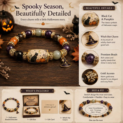 2026 Limited Edition Halloween Black Cat & Pumpkin Beaded Bracelet for Women - Natural Stone Crystal Charm Bracelet with Gift Box & Spooky Card, Cute Witchy Halloween Jewelry Gift
