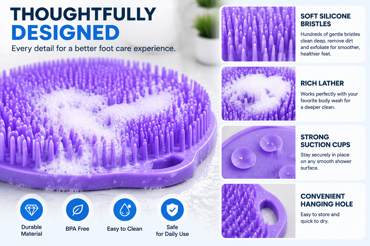 Silicone foot scrubber details including flexible bristles and suction cups