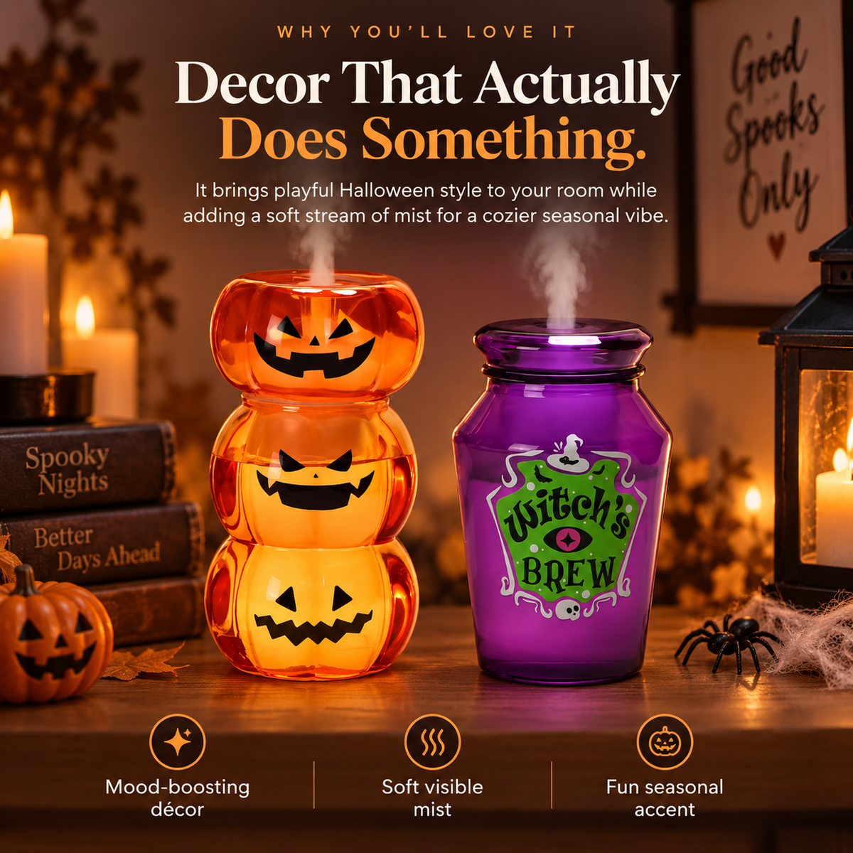 Halloween mist diffuser decoration in warm seasonal room setting